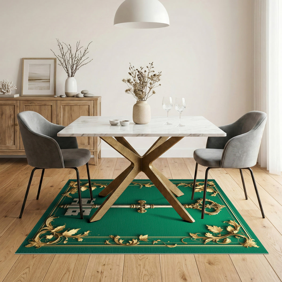 Ornate Gold Key Green Area Rug