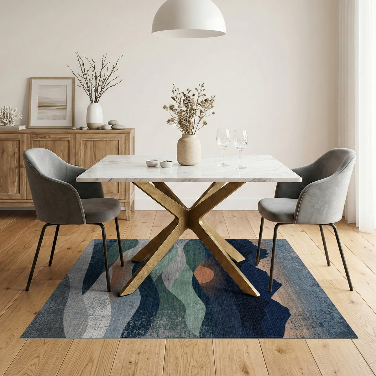 Distressed Blue Teal Mountain Sunset Area Rug