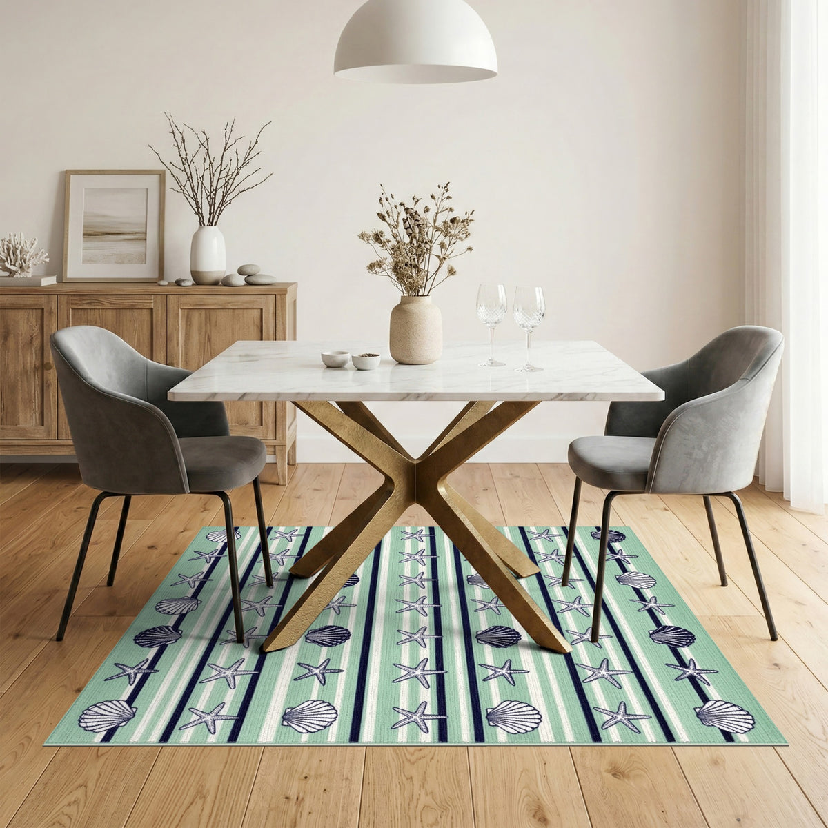 Mint Green Seashell Starfish Coastal Area Rug