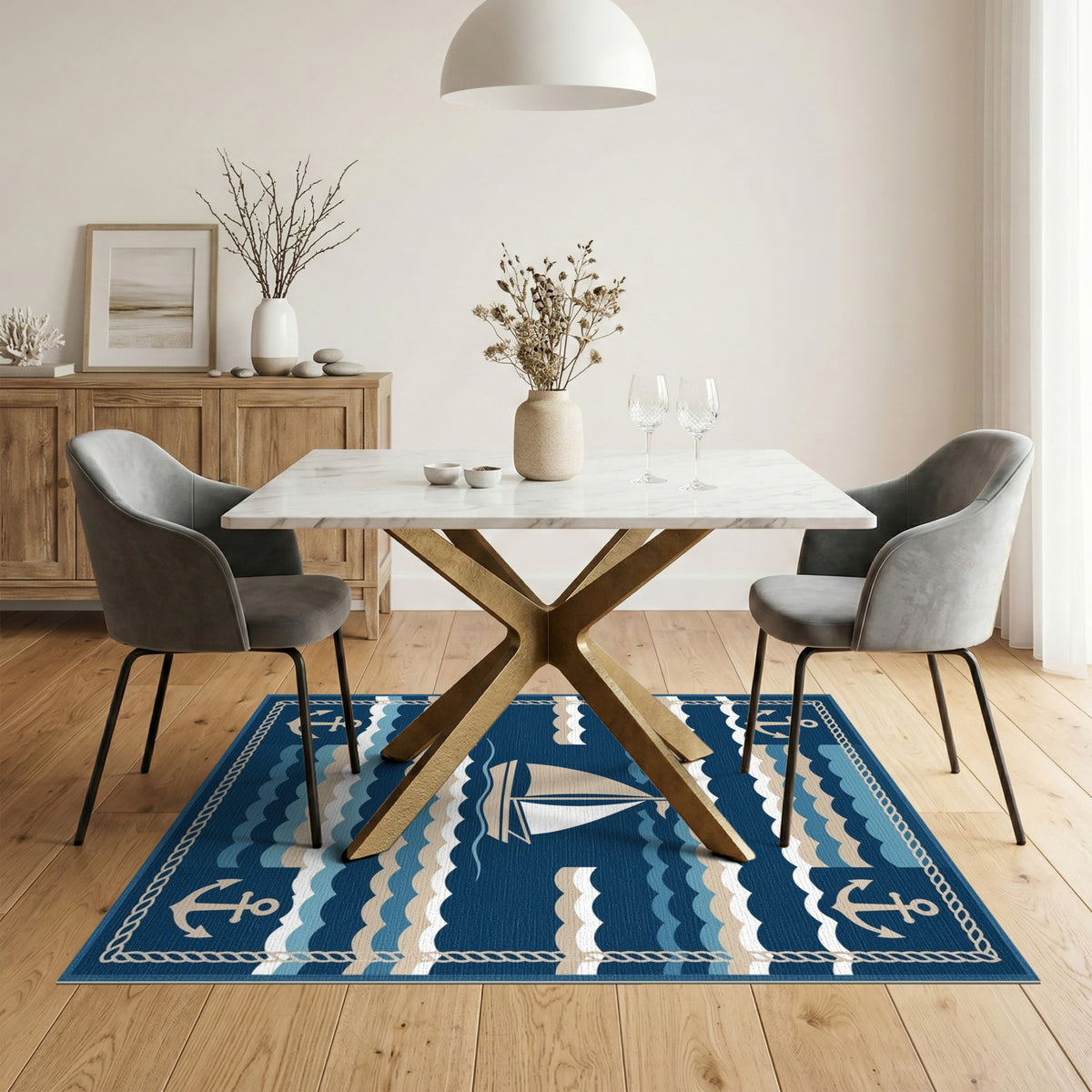 Navy Blue Sailboat Anchor Coastal Area Rug
