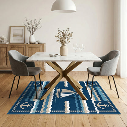 Navy Blue Sailboat Anchor Coastal Area Rug
