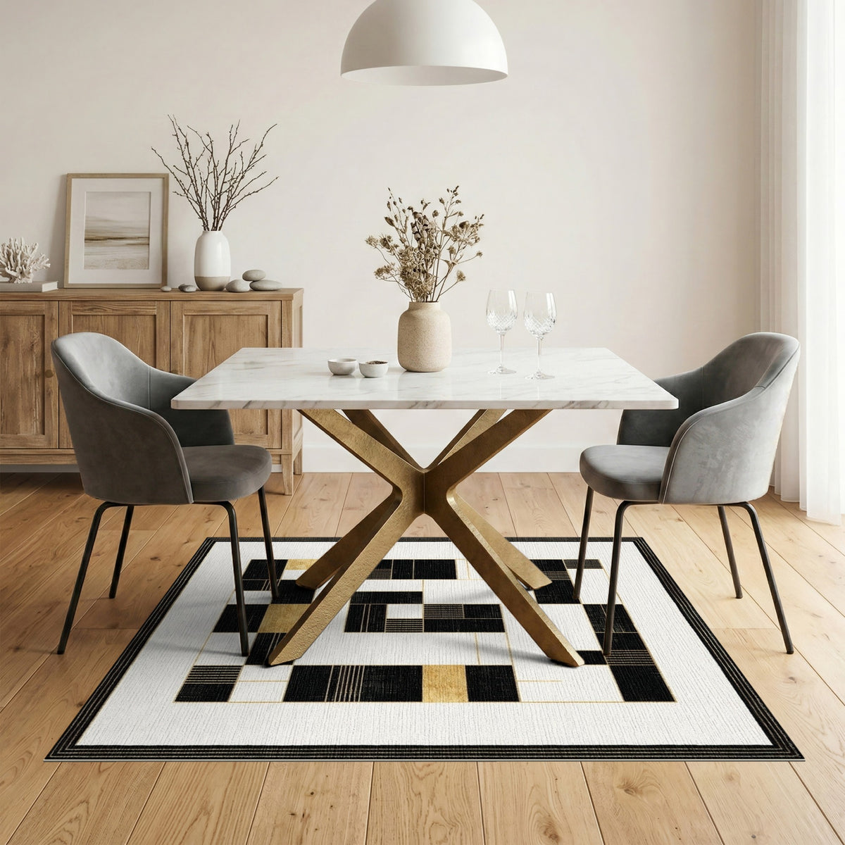 Black and White Black Gold Geometric Modern Area Rug