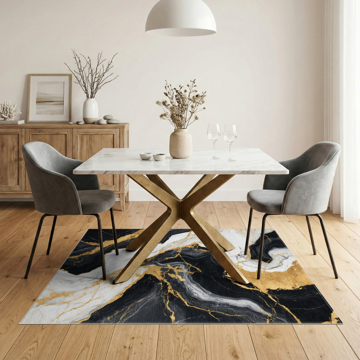 Abstract Area Black and White Black White Gold Marble Area Rug