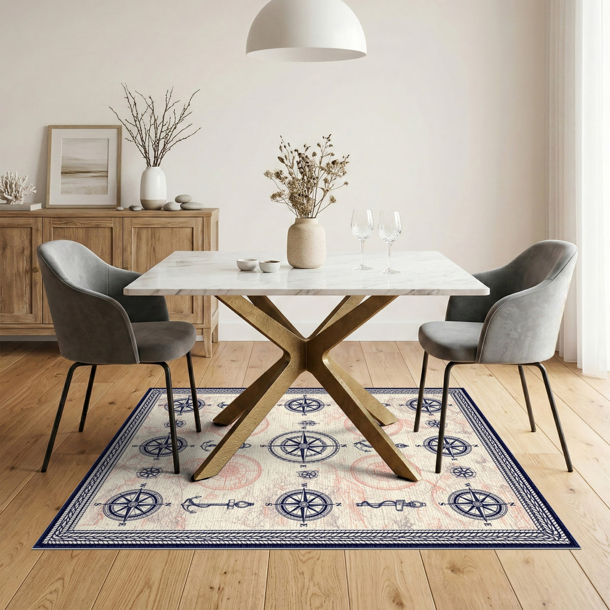 Distressed Vintage Blue and Teal Vintage Nautical Compass Area Rug