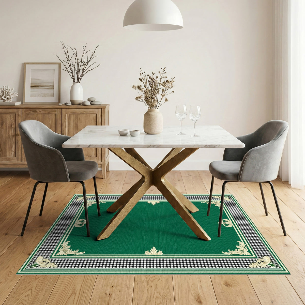 Green Ornate Border Traditional Area Rug