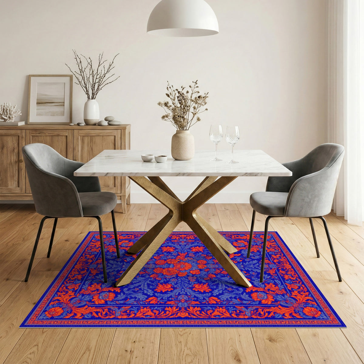 Blue Orange Floral Vintage Area Rug