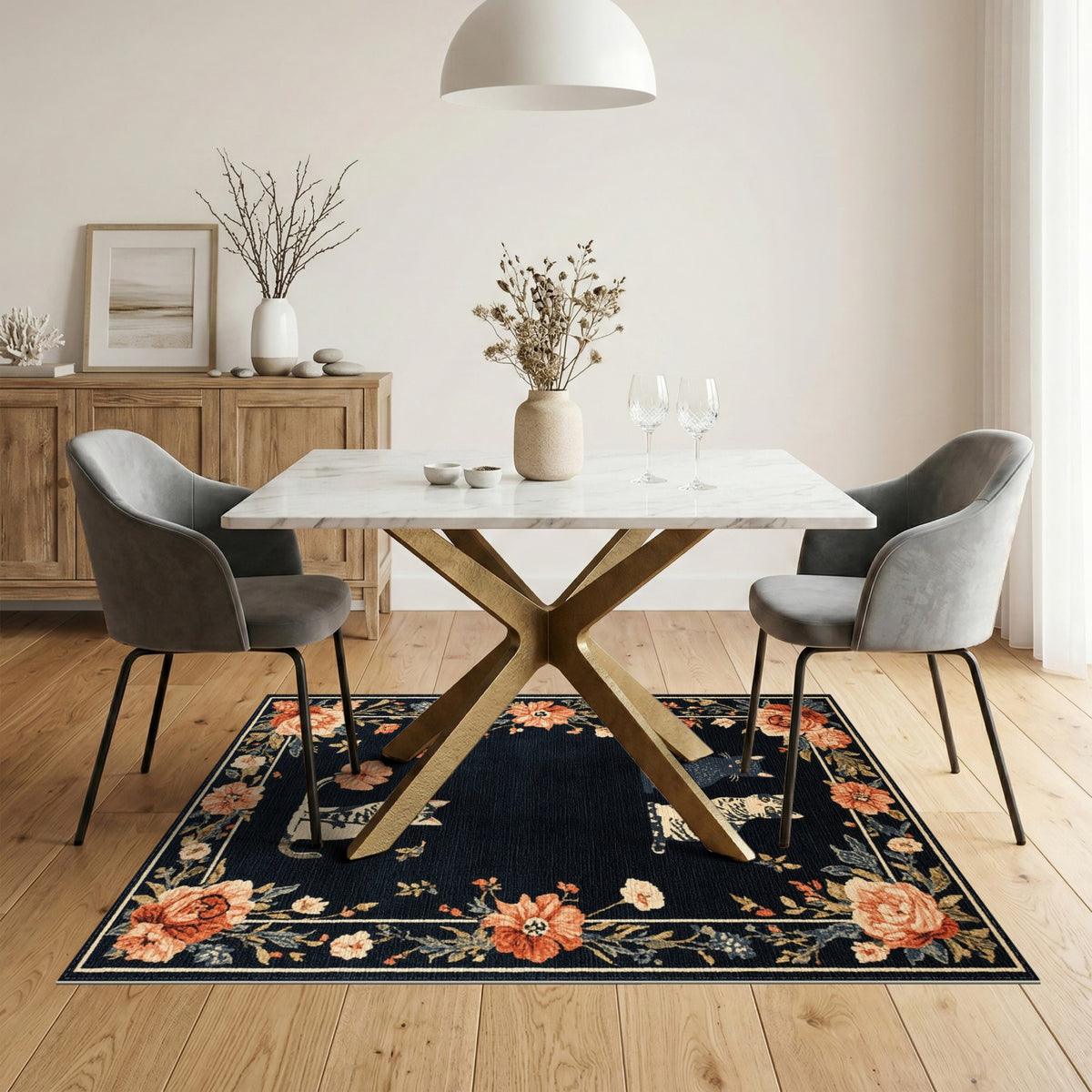 Black and White Black Cat Floral Vintage Area Rug