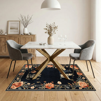 Black and White Black Cat Floral Vintage Area Rug