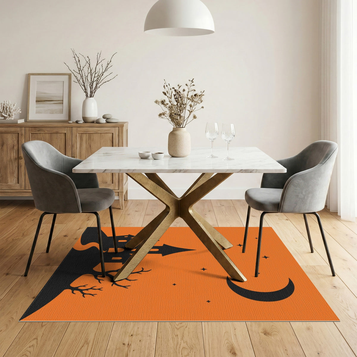Spooky Orange Castle Area Rug