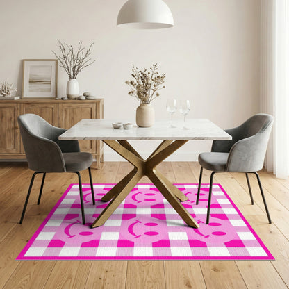 Pink Smiley Face Gingham Washable Area Rug