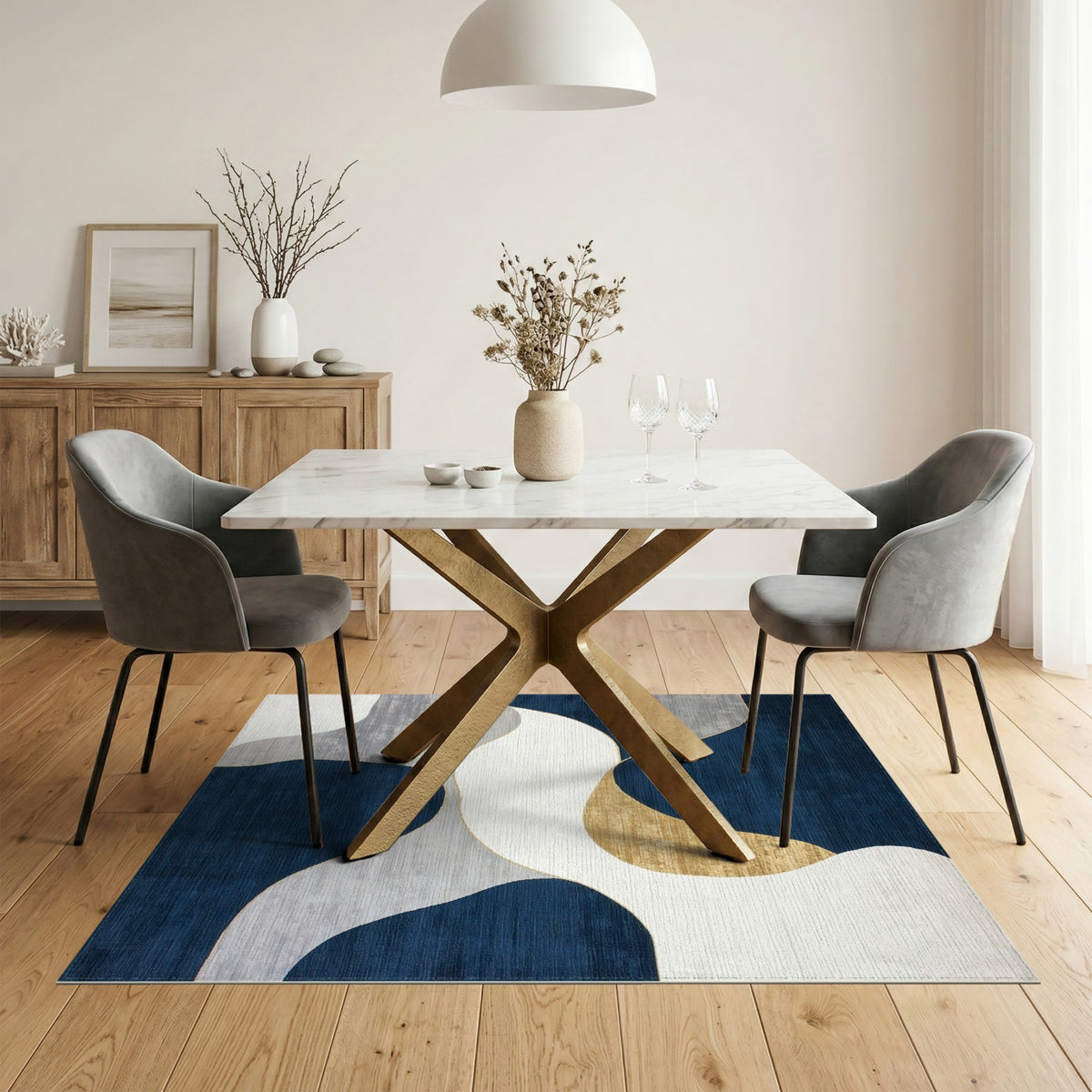 Navy Gold Abstract Wave Area Rug