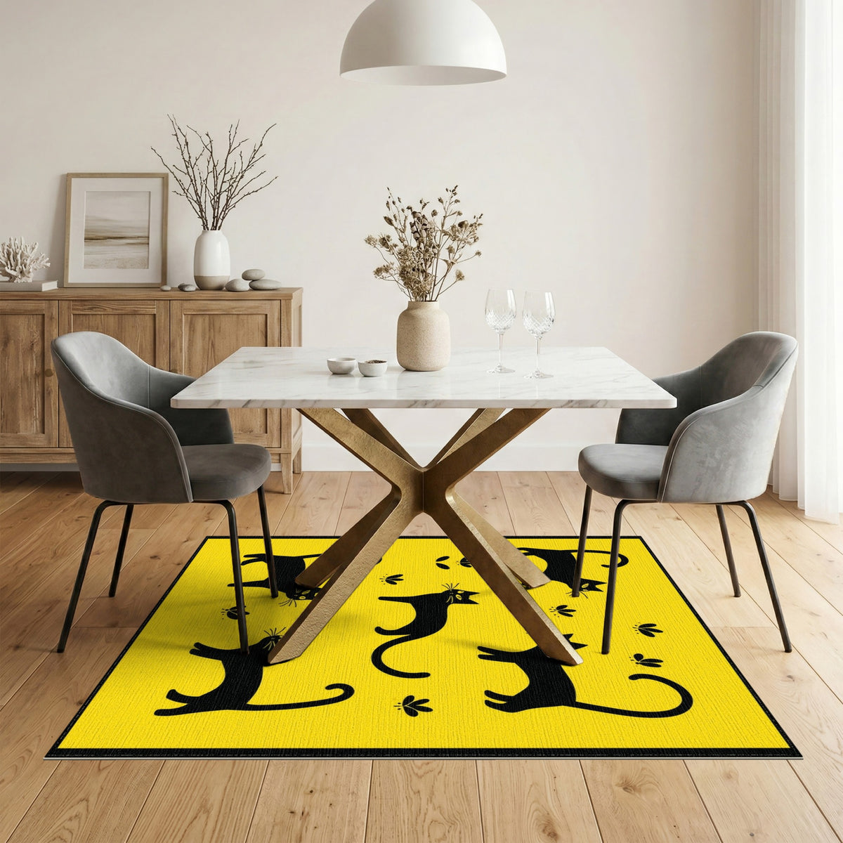 Black Cats and Butterflies Yellow Kids Rug