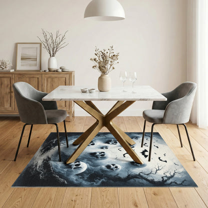 Eerie Skulls and Bats Black White Area Rug