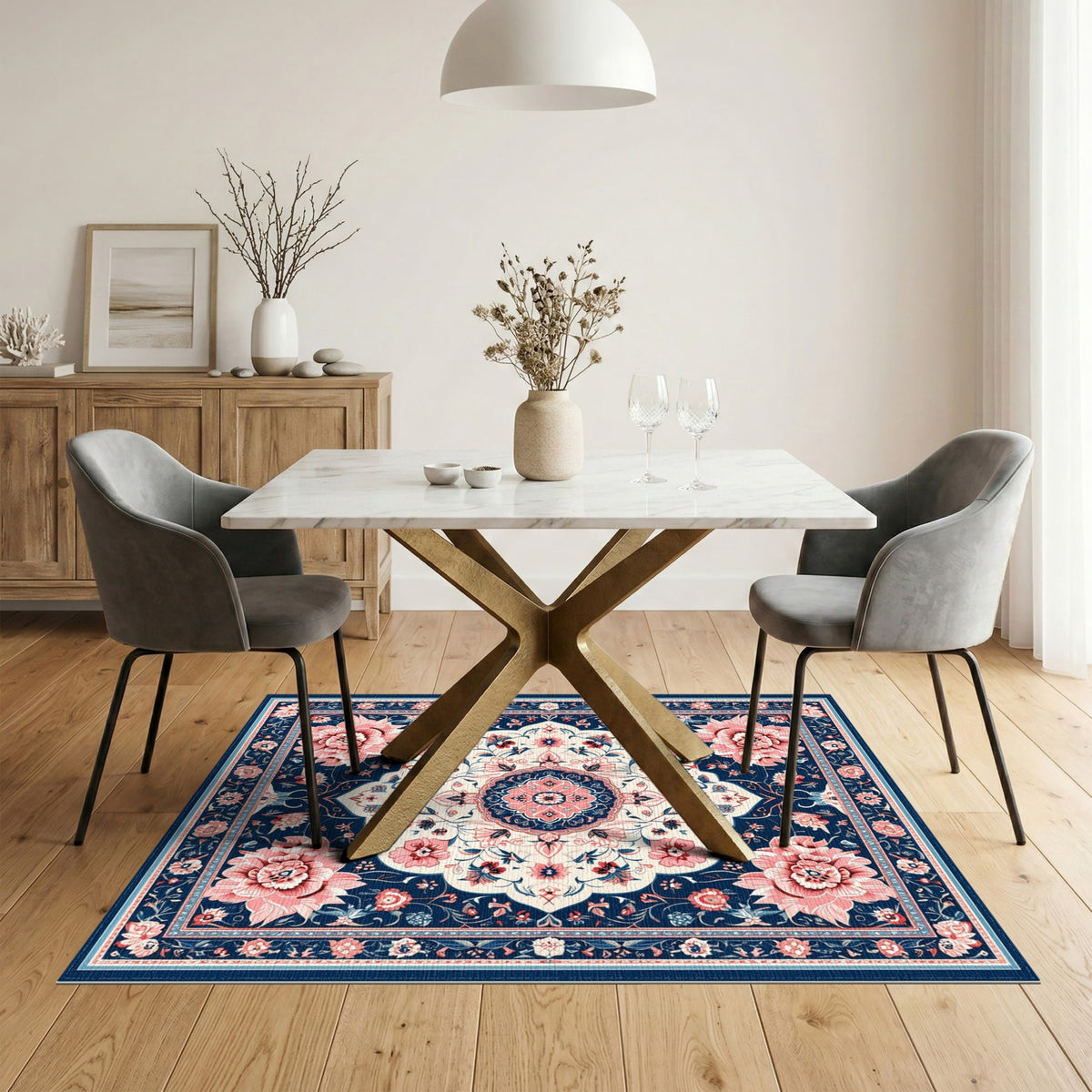 Navy Blue Pink Floral Medallion Area Rug