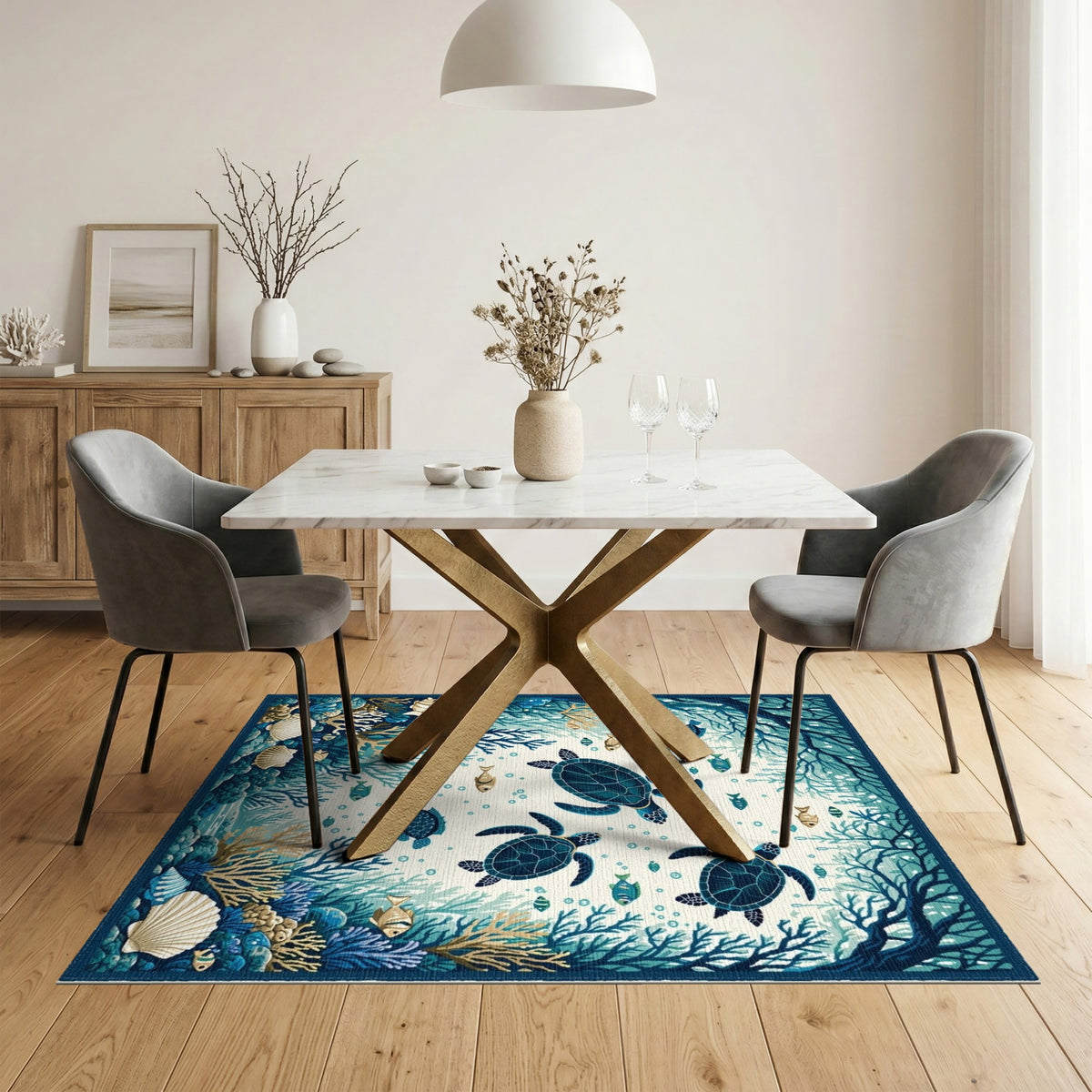 Blue and Teal Blue Teal Sea Turtle Coastal Area Rug