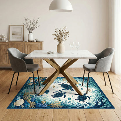 Blue and Teal Blue Teal Sea Turtle Coastal Area Rug
