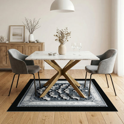 Black and White Gothic Skull Bat Black White Area Rug