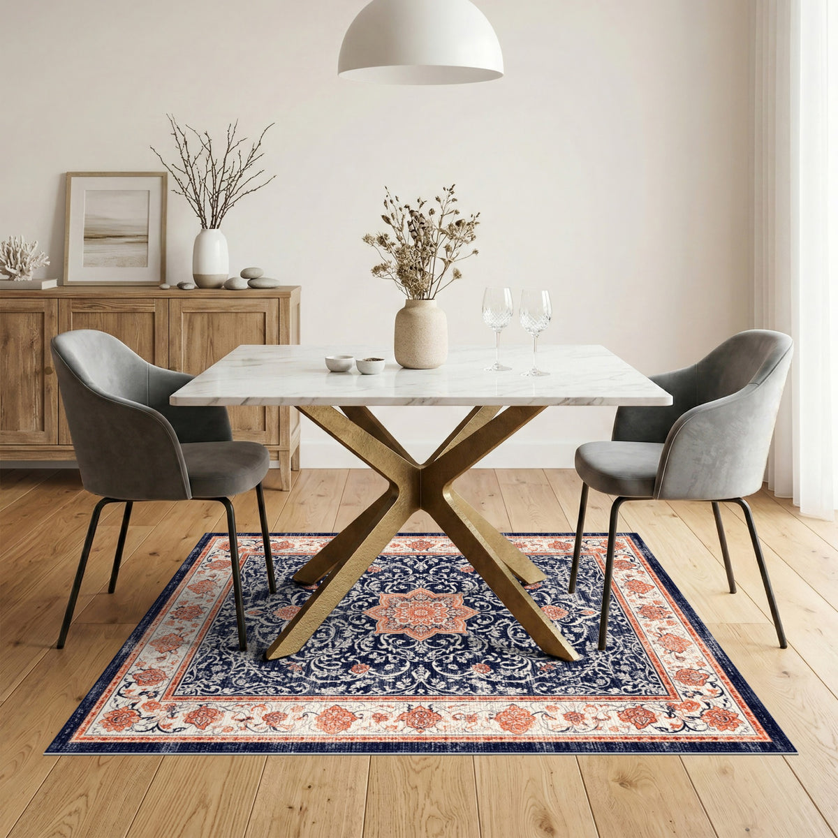 Navy Floral Medallion Vintage Area Rug