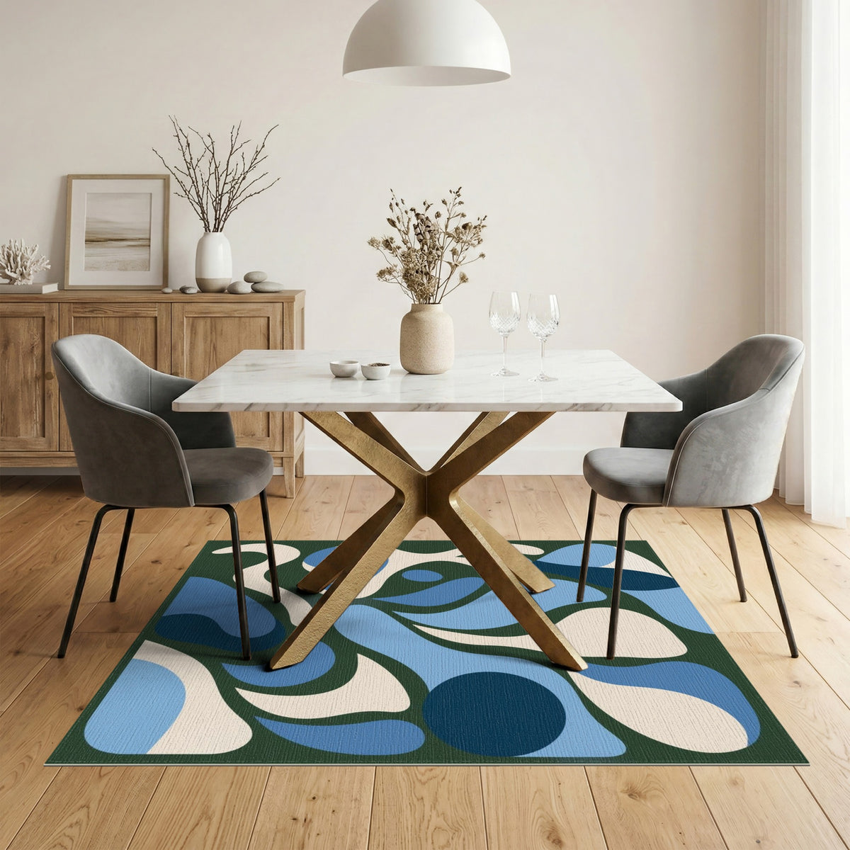 Blue and Teal Blue Abstract Organic Area Rug