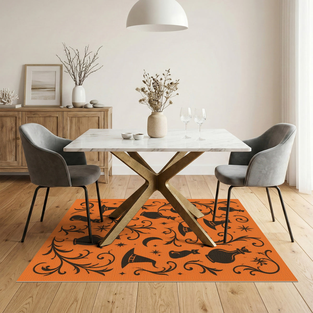 Halloween Black Cat Witch Hat Orange Area Rug