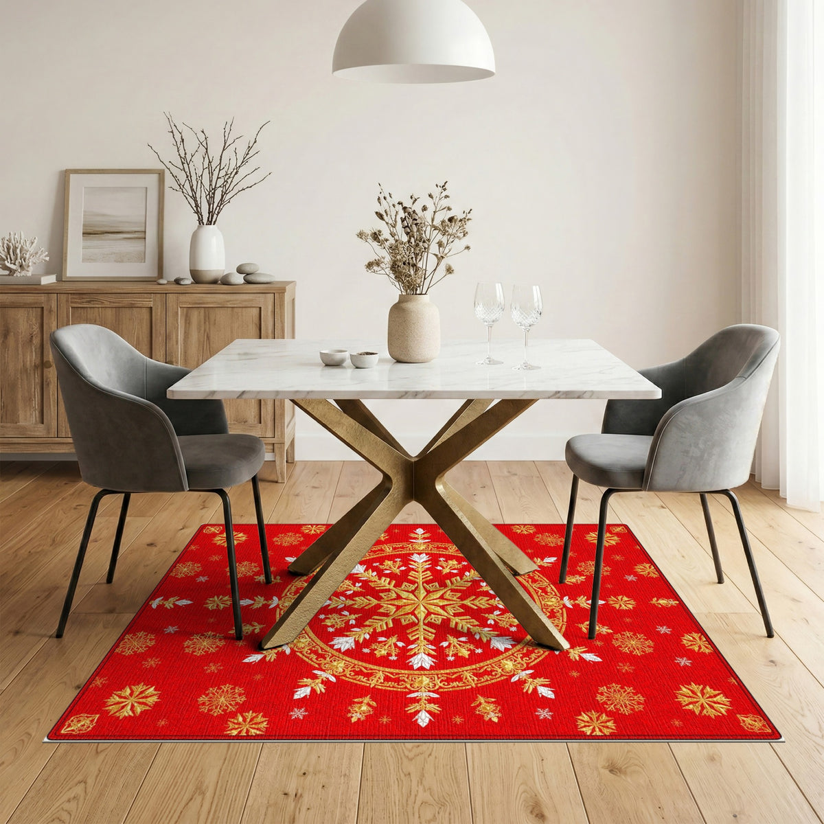 Red Gold Snowflake Medallion Area Rug