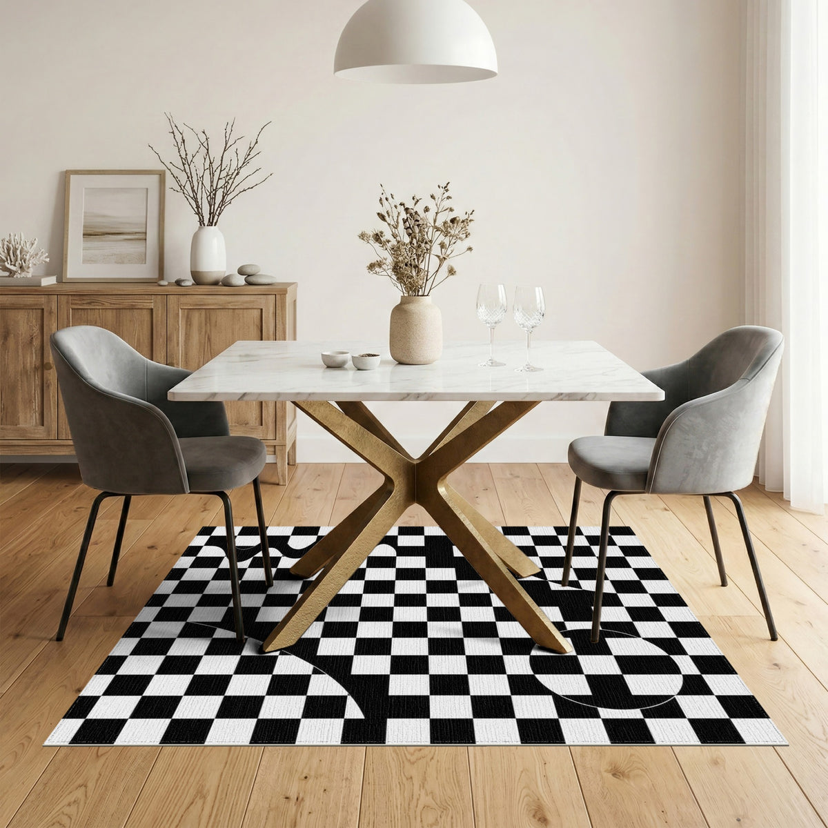 Black White Geometric Checkerboard Wave Area Rug