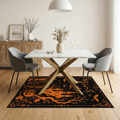 Haunted Castle Halloween Orange Washable Area Rug