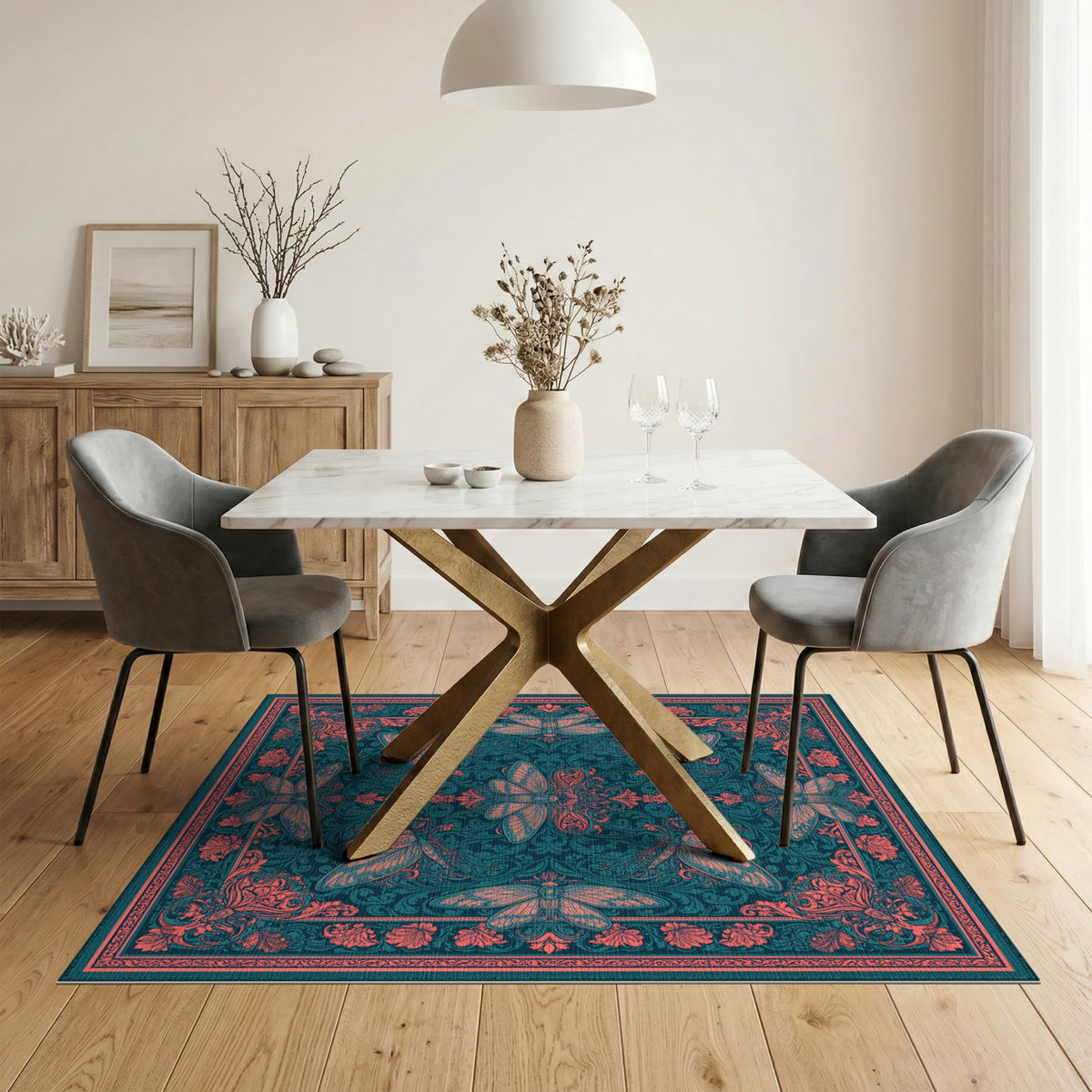 Teal Moth Floral Vintage Area Rug