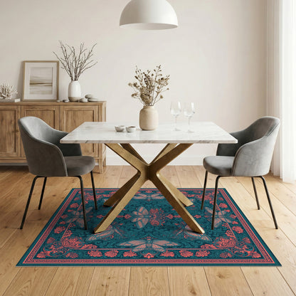 Teal Moth Floral Vintage Area Rug