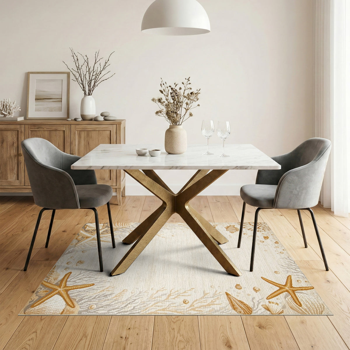 Beige and Neutral Beige Coastal Seashell Starfish Area Rug
