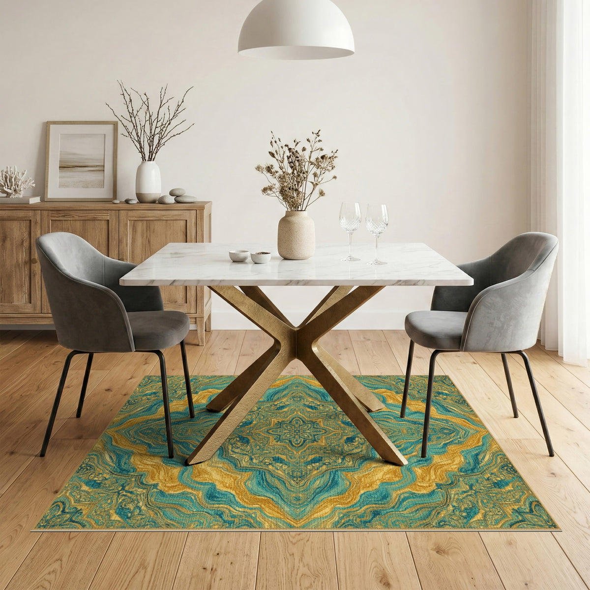 Gold Teal Gold Persian Medallion Area Rug