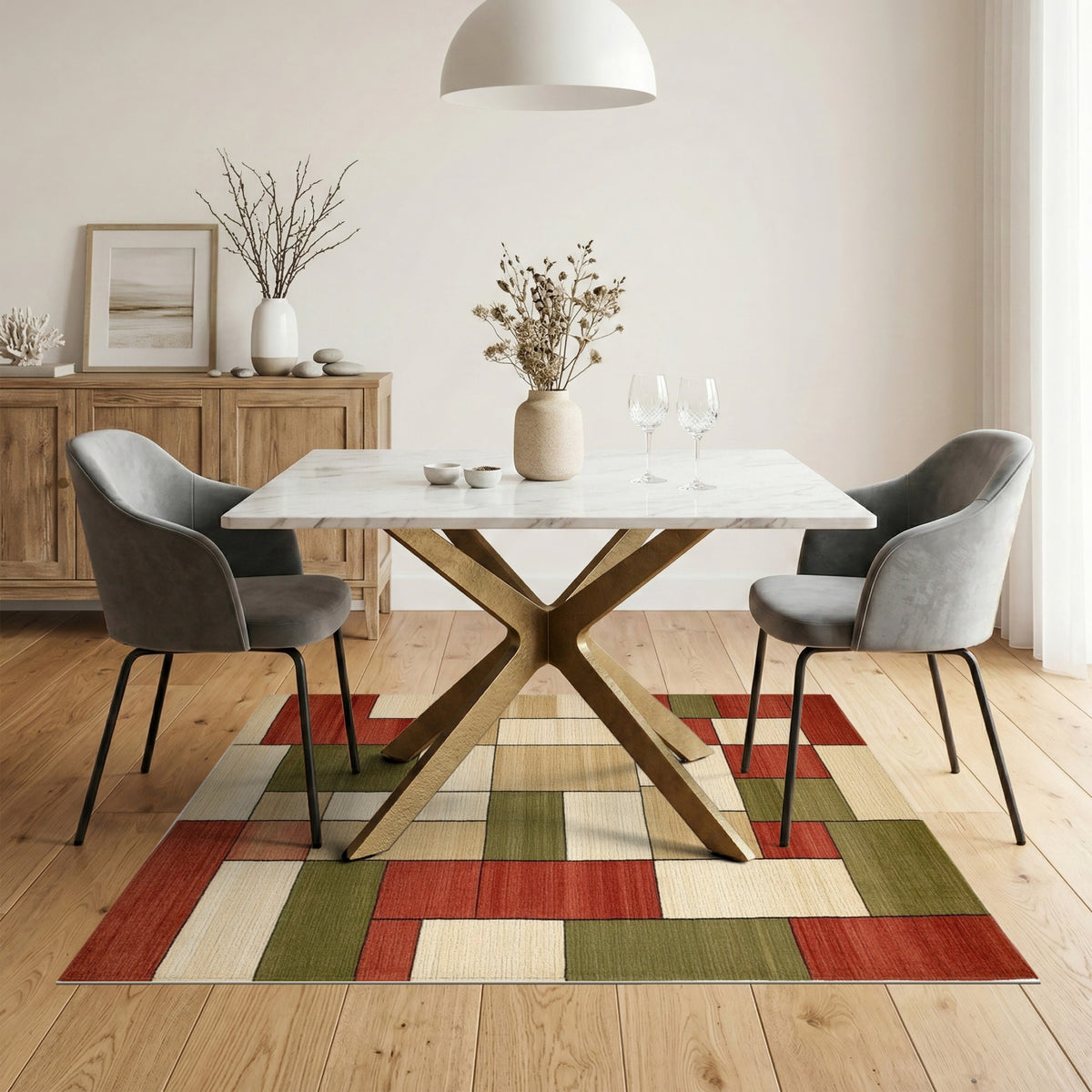 Geometric Block Red Beige Area Rug