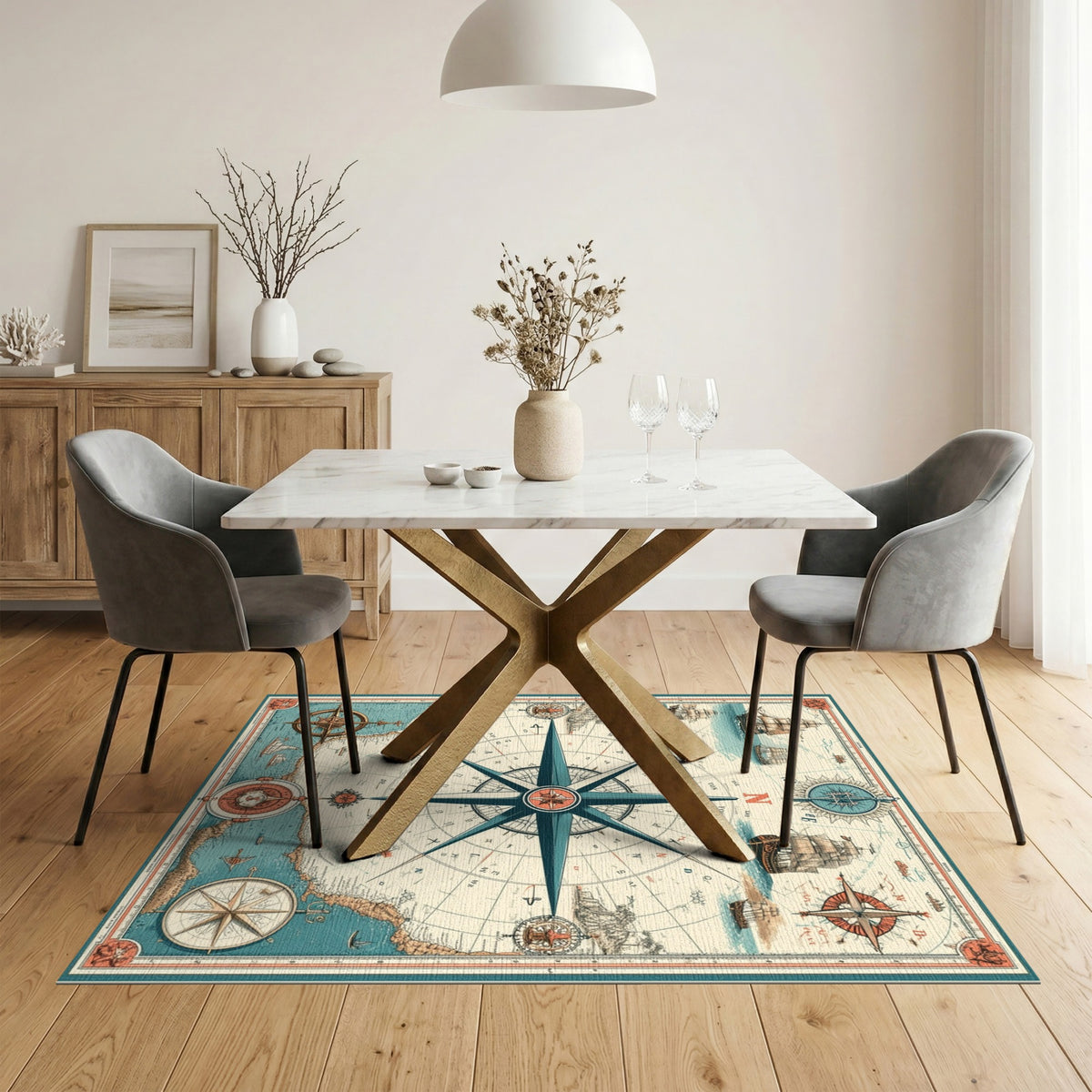 Vintage Nautical Compass Blue and Teal Area Rug