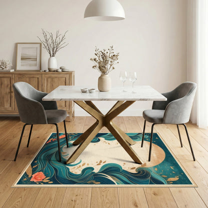 Teal Wave Coastal Floral Area Rug