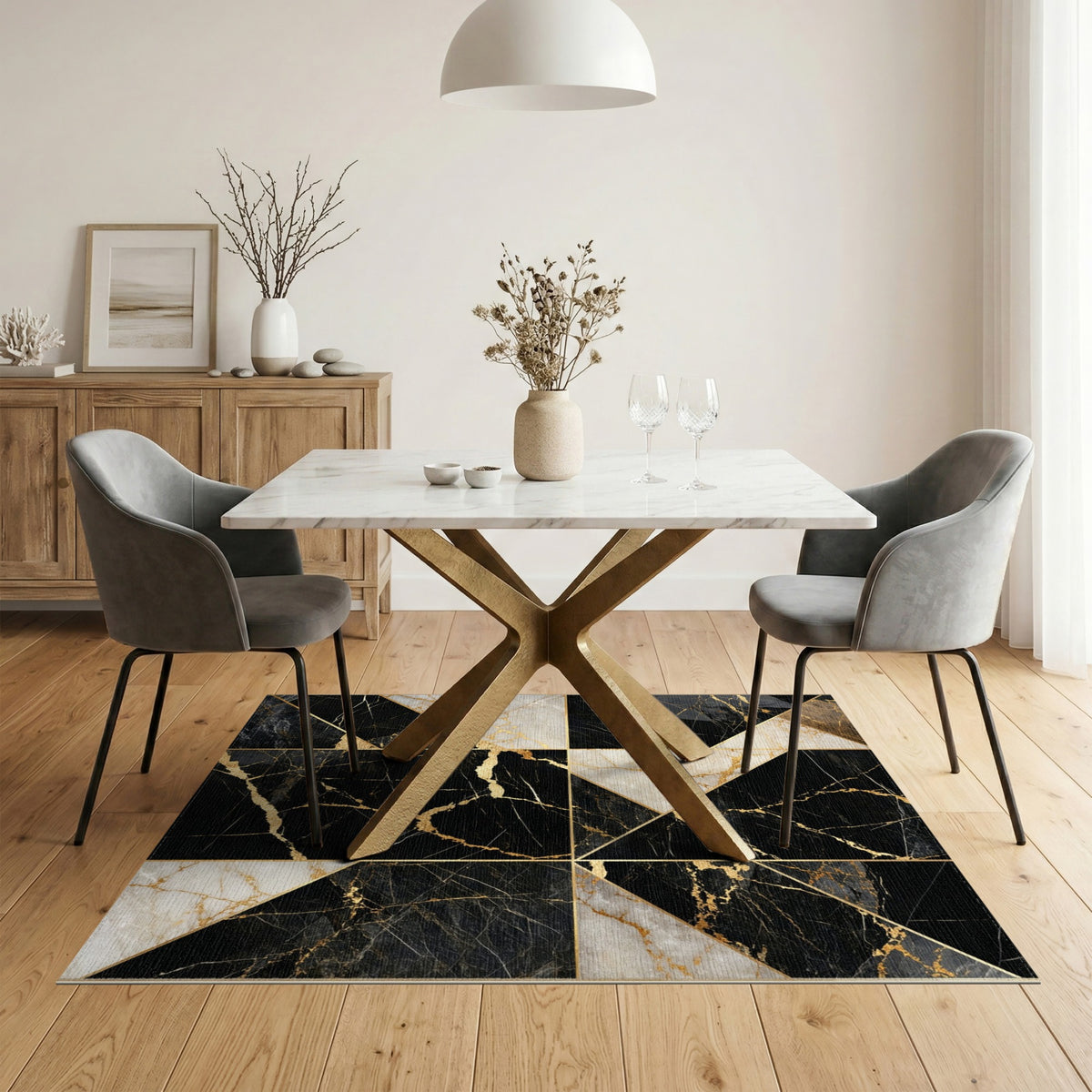 Black Gold Geometric Marble Area Rug