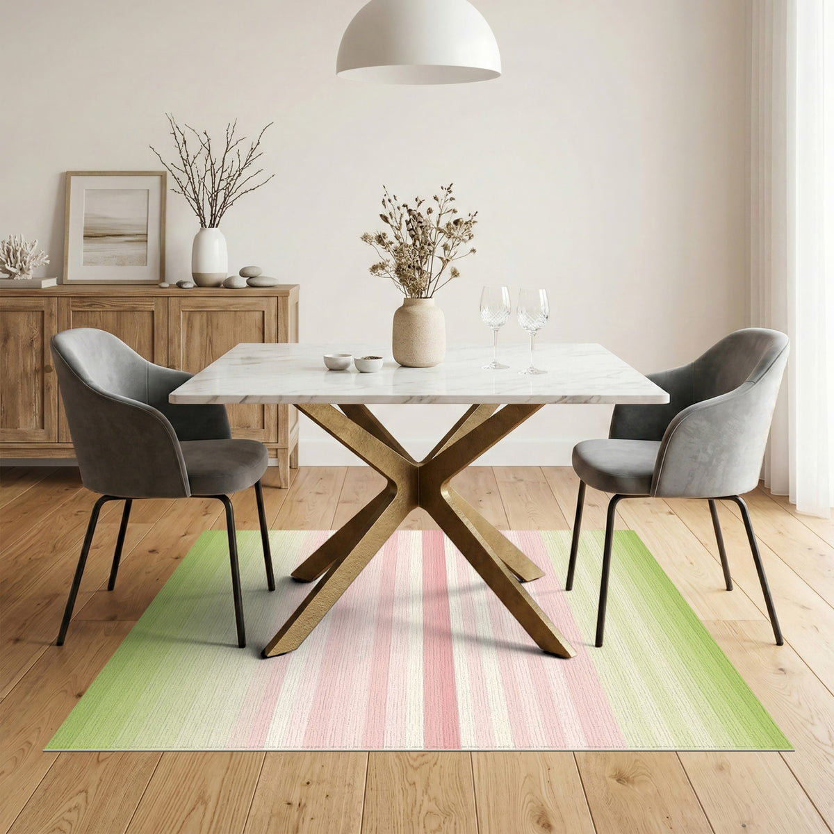 Pastel Pink Green Striped Washable Area Rug
