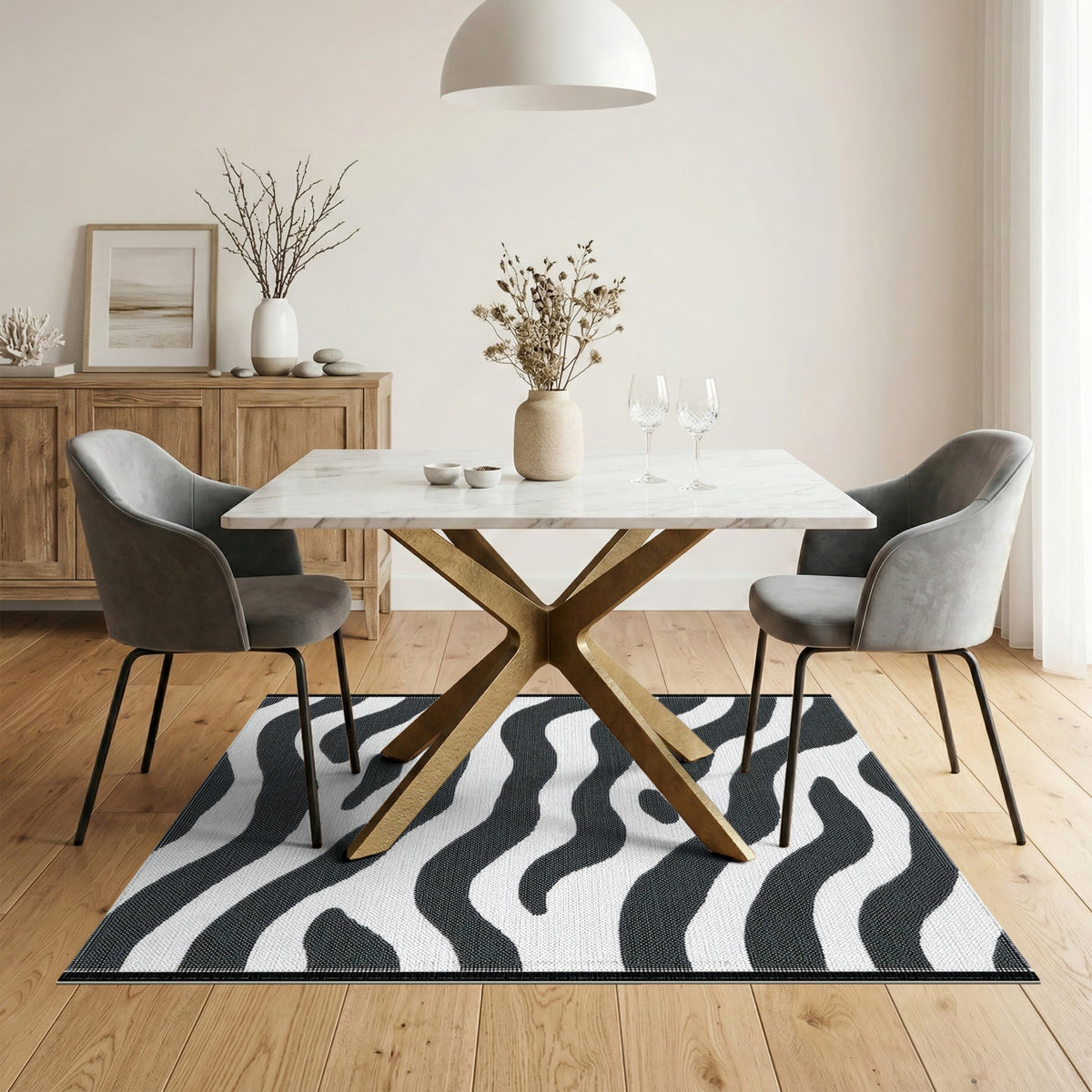 Black and White Geometric Modern Black White Wavy Stripe Area Rug
