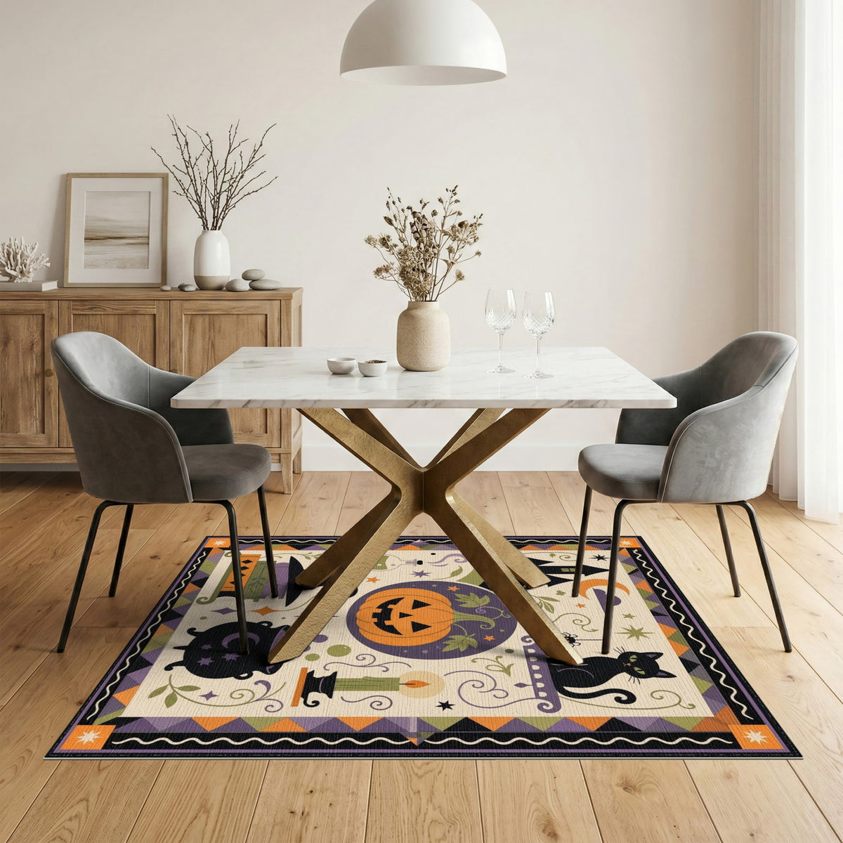 Halloween Multi-color and Patterns Halloween Black Cat Pumpkin Area Rug