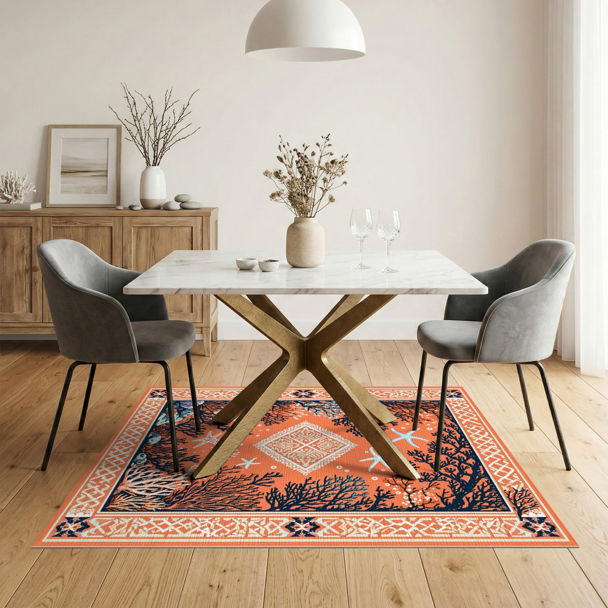 Orange Coral Starfish Coastal Area Rug