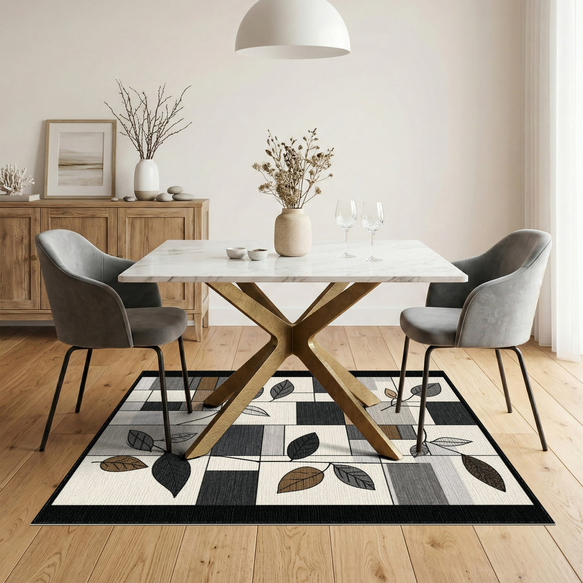 Grey Geometric Leaf Area Rug