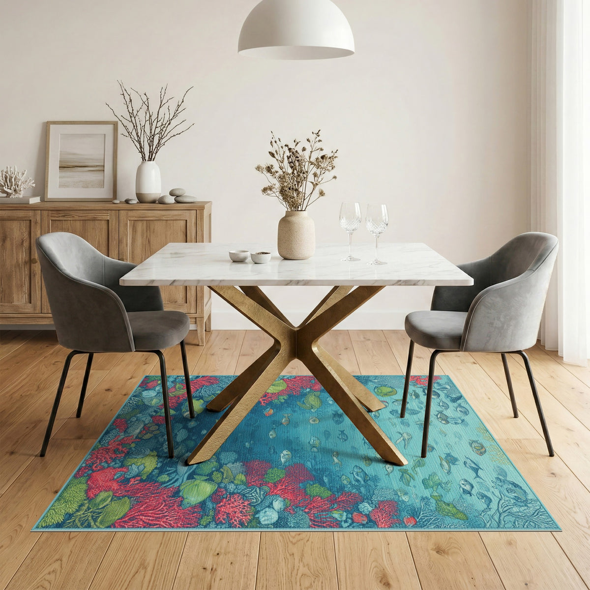 Blue and Teal Ocean Coral Reef Fish Area Rug