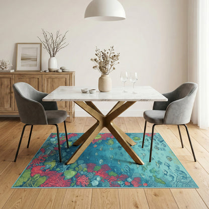 Blue and Teal Ocean Coral Reef Fish Area Rug