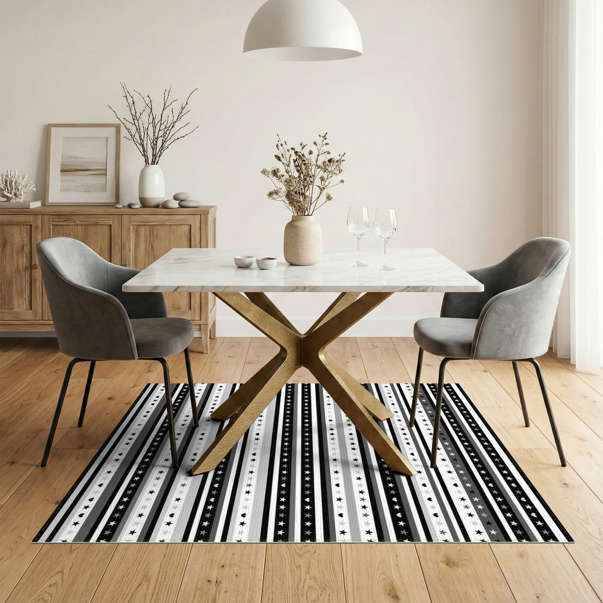 Black White Striped Stars and Hearts Area Rug