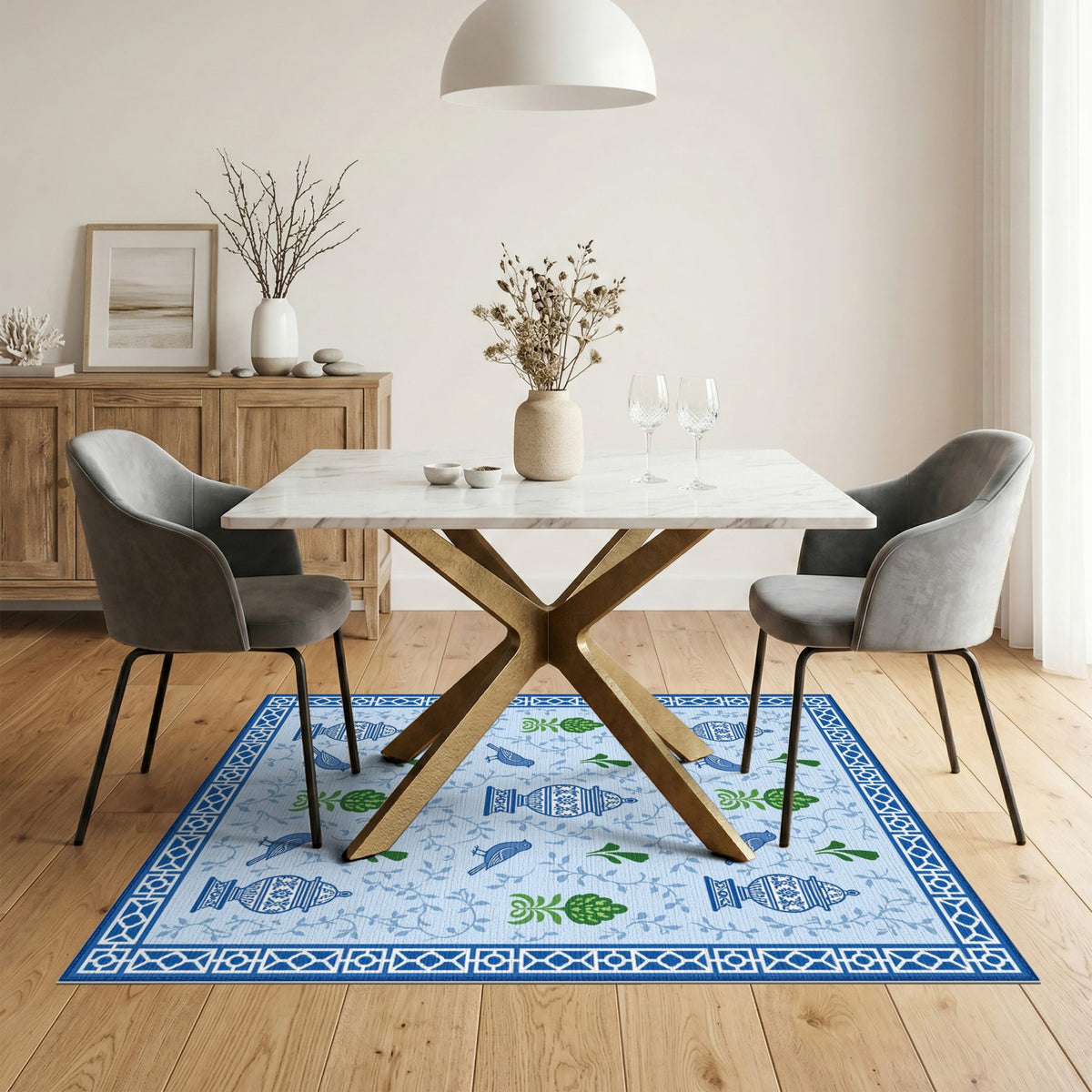 Blue Floral Vintage Area Rug with Urns and Birds