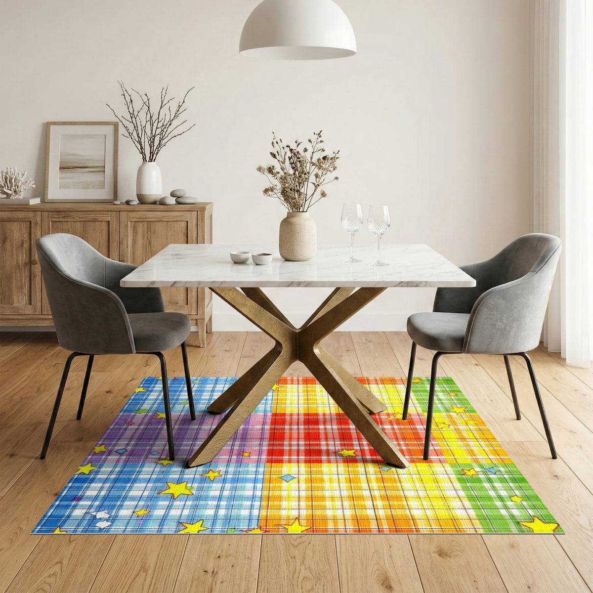 Rainbow Plaid Star Kids Area Rug