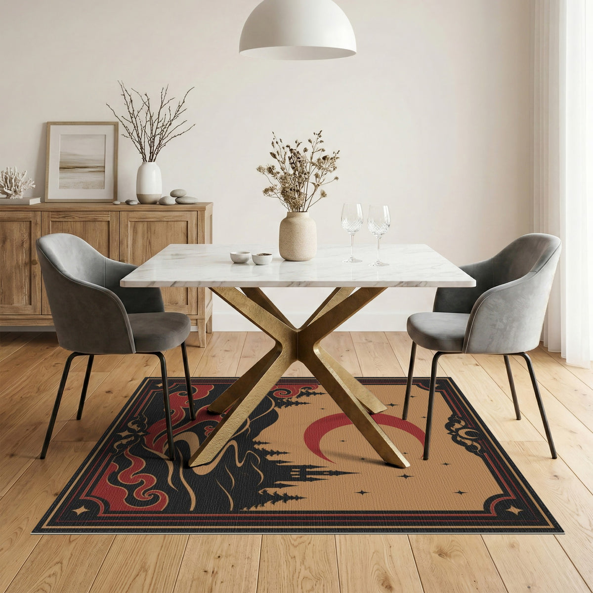 Red Crescent Moon Castle Area Rug