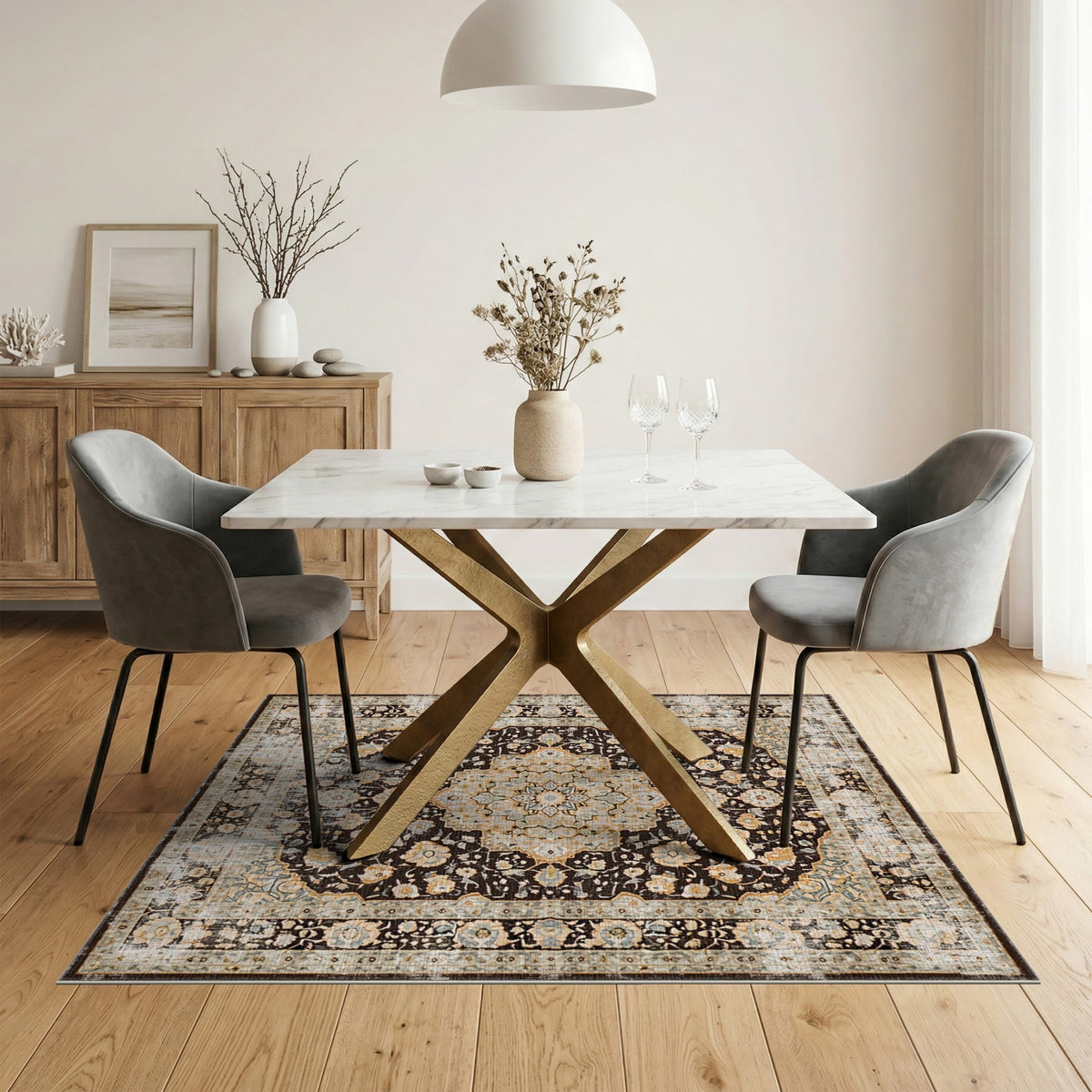 Beige Floral Medallion Distressed Area Rug