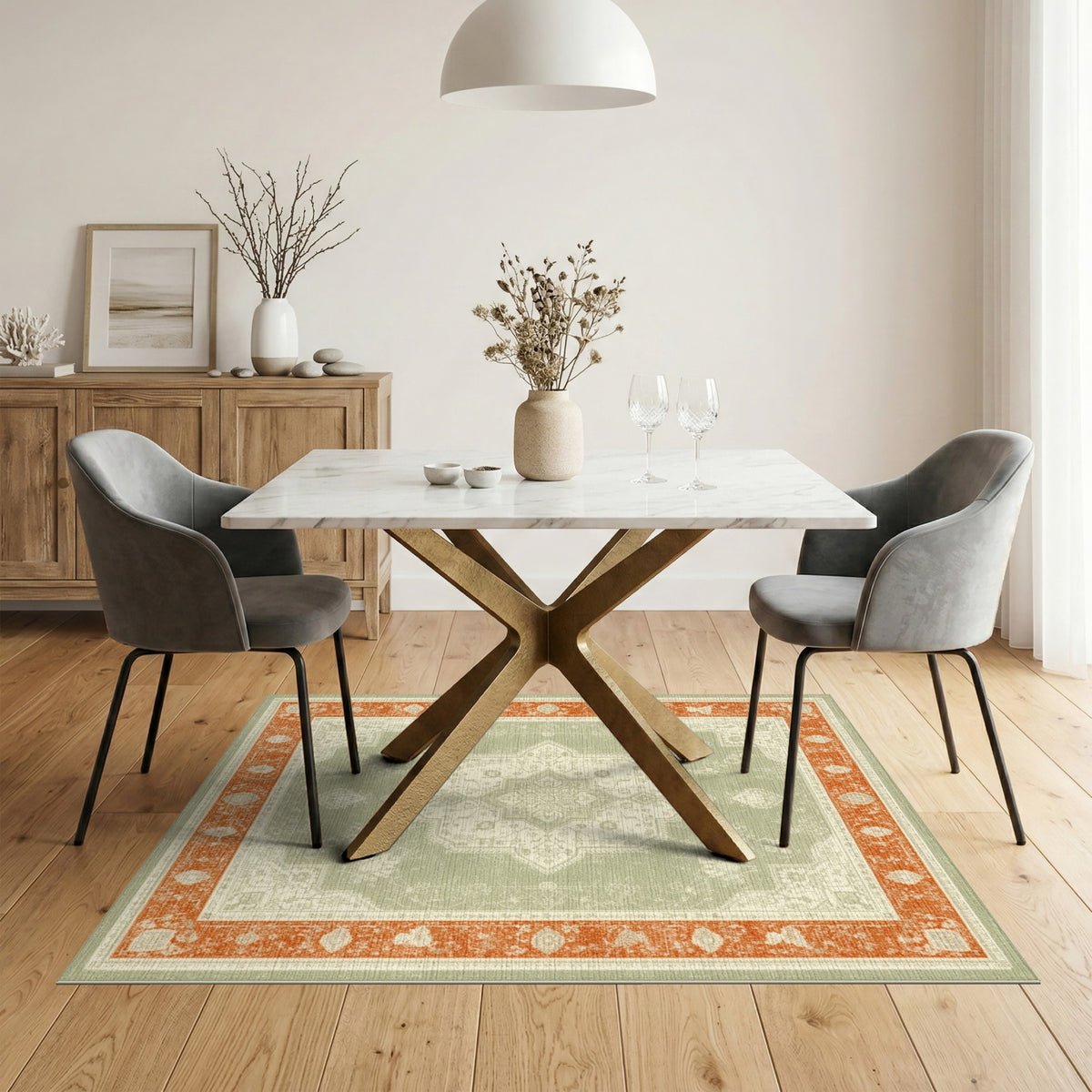 Sage Green Distressed Vintage Medallion Rug