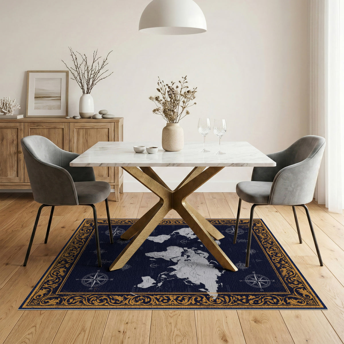 Navy Vintage World Map Rug with Gold Border