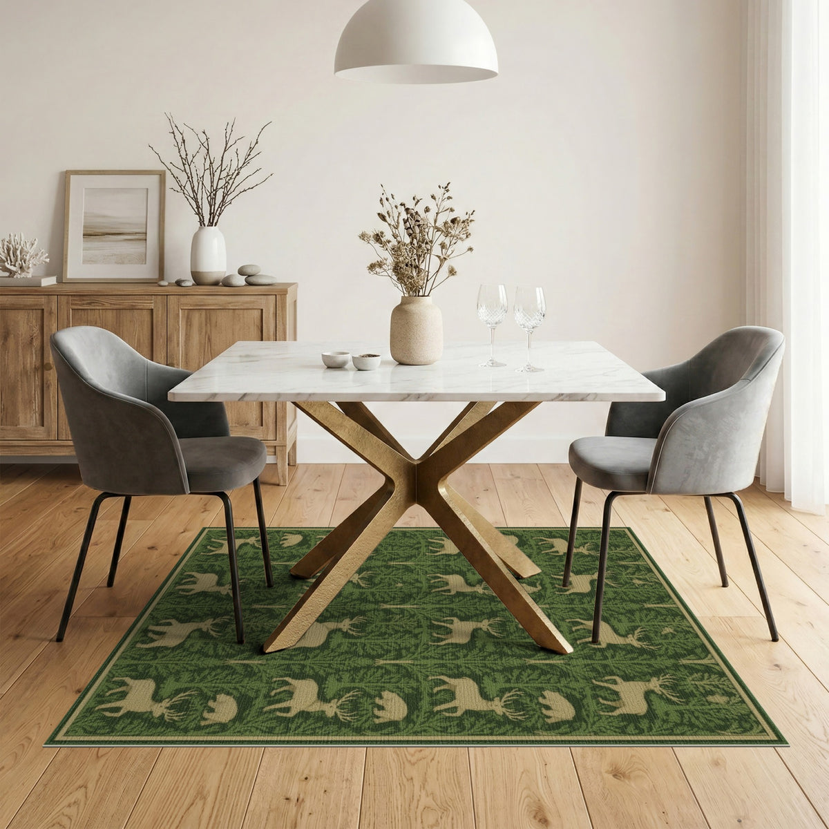 Green Forest Deer Bear Rustic Area Rug
